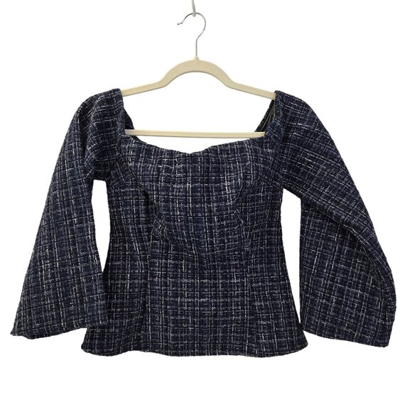 NWT Zara Tweed Off-the-Shoulder Bell Sleeve Crop Top Size XS - Picture 1 of 8